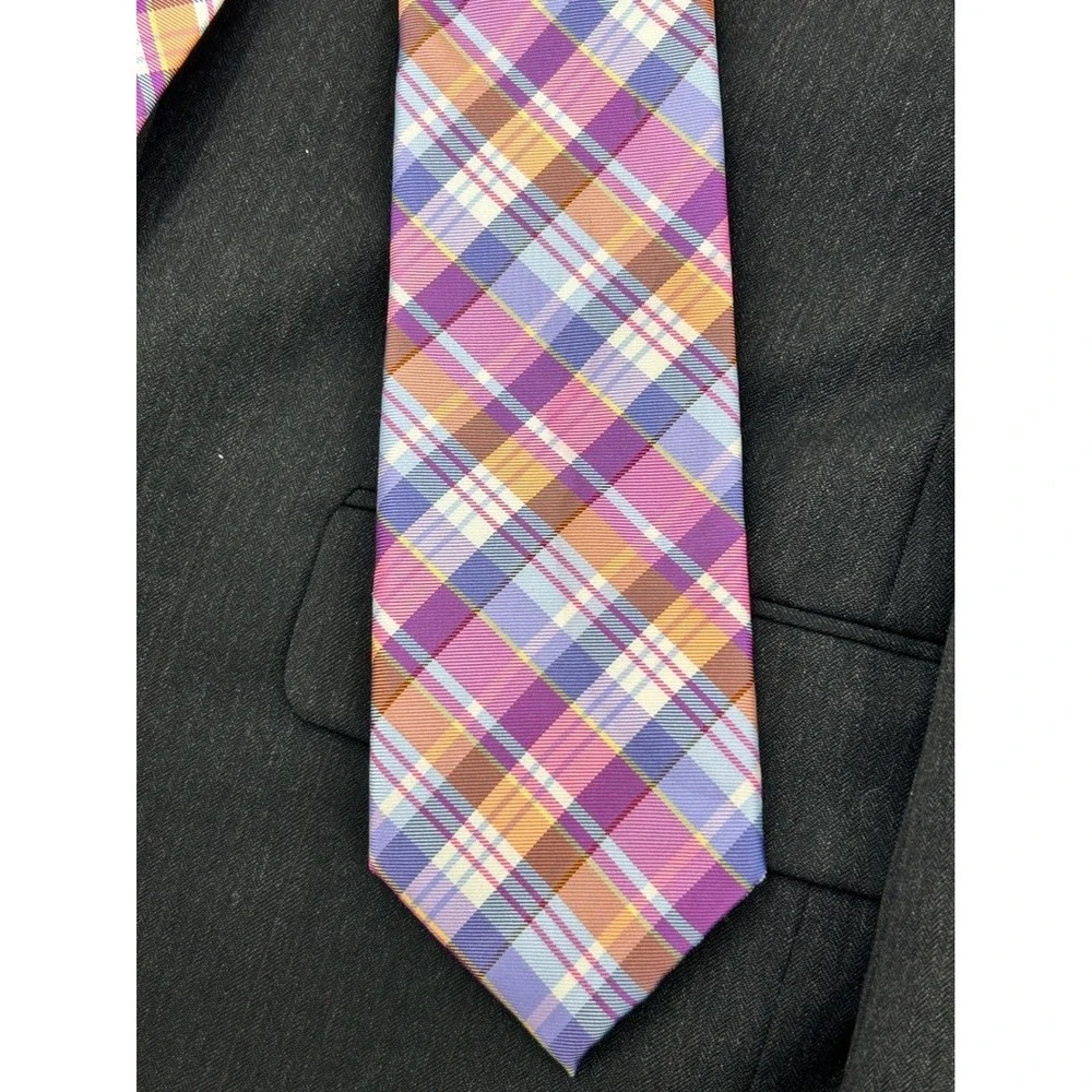 Tommy Hilfiger Pink Plaid Silk Tie‎ Preppy Coastal Prep Old Money Tie Belt 3.25